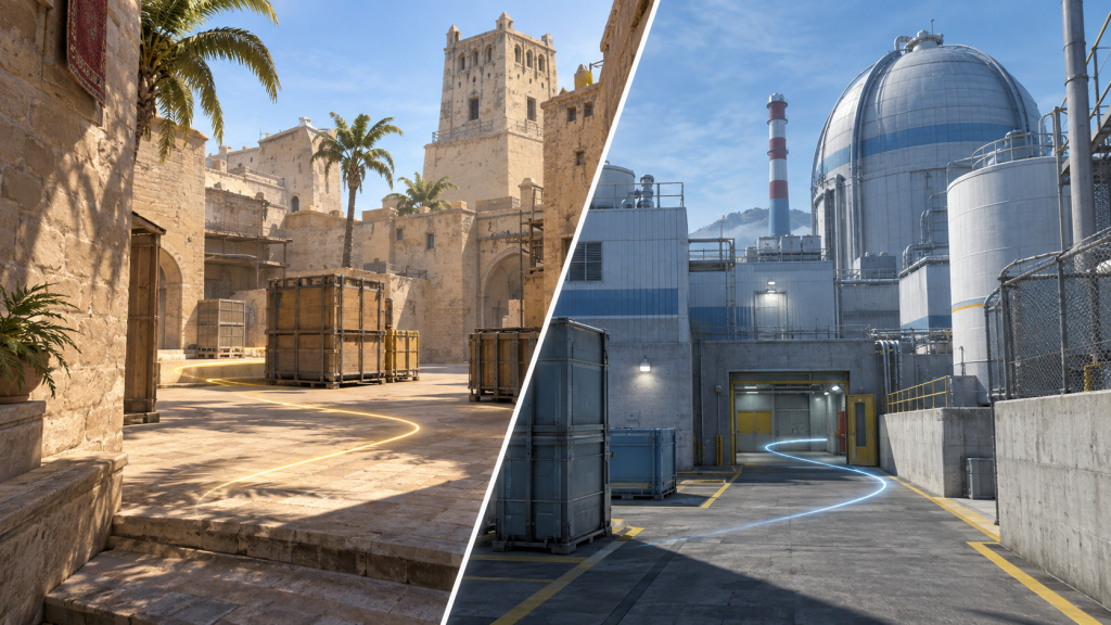 A split tactical view representing Mirage and Nuke in the grand final