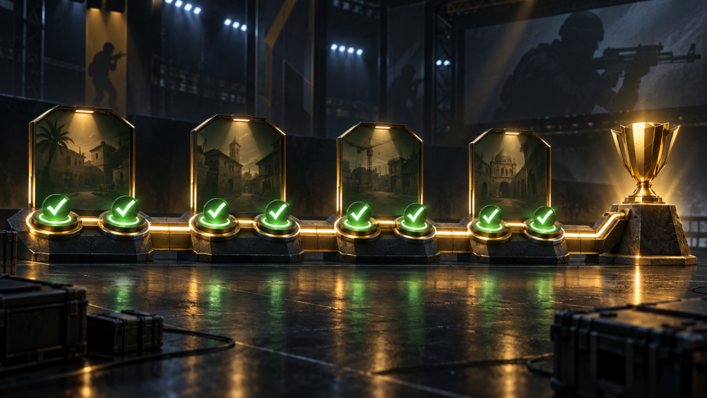 Eight completed map checkpoints lead to a Counter-Strike tournament trophy