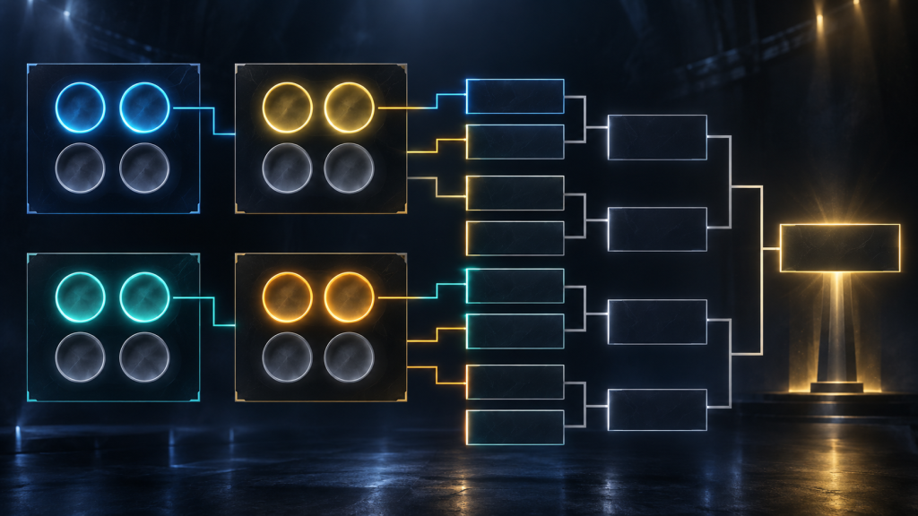 Four tournament groups feed eight qualifying positions into a playoff bracket